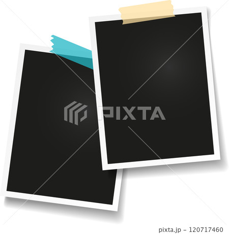 Two blank instant photo prints are attached with adhesive tape to a white background, creating a simple yet evocative backdrop for memories and creative projects 120717460