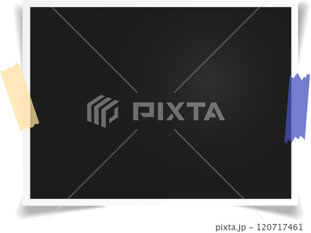Photo frame with black copy space fixed to white background with two pieces of adhesive tape, useful template for graphic designers Photo frame with black copy space fixed to white background with two pieces of adhesive tape, useful template for graphic designers 120717461