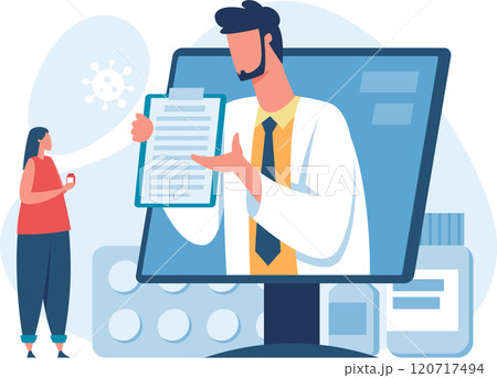 Doctor explaining prescription through video call to patient holding medicine bottle, with medications and coronavirus in the background, representing online medical consultation during pandemic 120717494