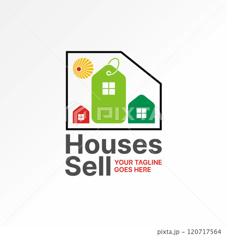 Logo design graphic concept creative premium vector stock image graphic text word Houses Sell building bright sun home price tag to property mortgage 120717564