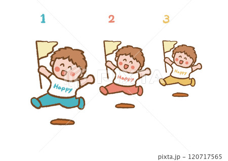 人物　運動会　走る　遊び　楽しい　カラフル　旗　フラック　男の子　元気　笑顔　チラシ 120717565