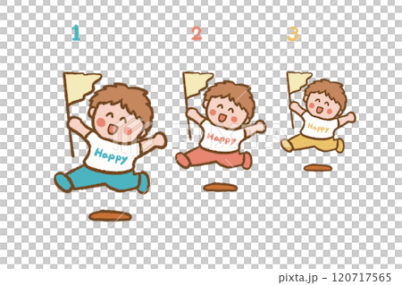 人物　運動会　走る　遊び　楽しい　カラフル　旗　フラック　男の子　元気　笑顔　チラシ 120717565