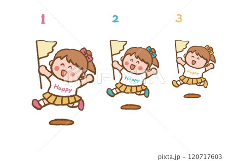 人物　運動会　走る　遊び　楽しい　カラフル　旗　フラック　女の子　元気　笑顔　チラシ 120717603