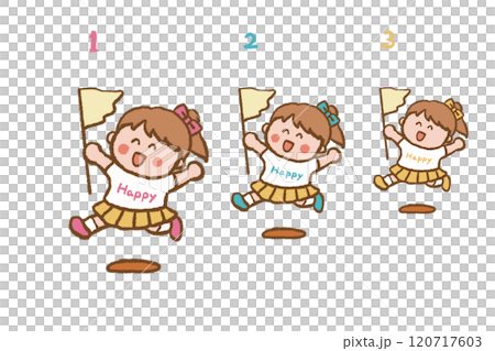 人物　運動会　走る　遊び　楽しい　カラフル　旗　フラック　女の子　元気　笑顔　チラシ 120717603