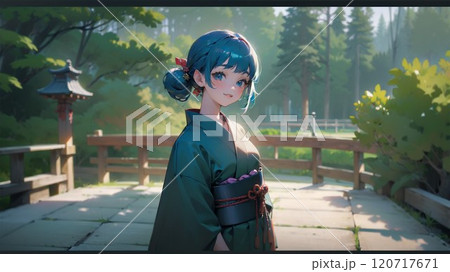 秋の公園を散策する着物姿の若い女性 120717671