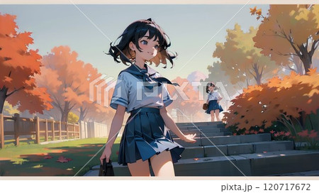 秋の公園の女子高生 120717672