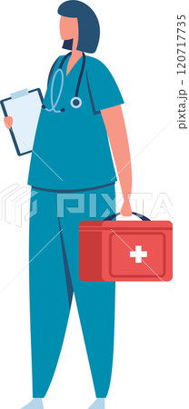 Focused female doctor in blue scrubs with clipboard and first aid kit ready to help patients. Professional and compassionate healthcare provider Focused female doctor in blue scrubs with clipboard and first aid kit ready to help patients. Professional and compassionate healthcare provider 120717735