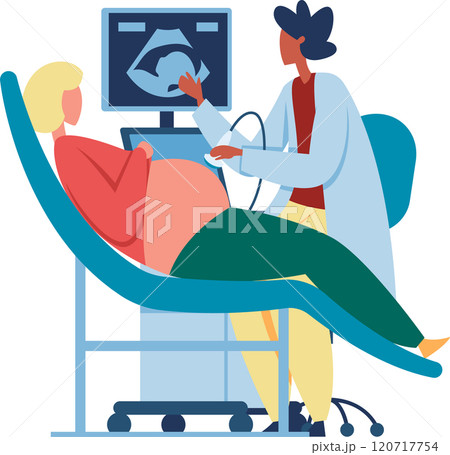 Doctor carefully performs an ultrasound scan on a pregnant woman in a hospital, ensuring the health of her baby. The mother looks happy and healthy, highlighting the importance of prenatal care 120717754