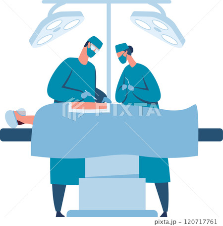 Two surgeons wearing surgical masks, gowns, and gloves are performing a surgical operation on a patient lying on an operating table under bright surgical lights 120717761