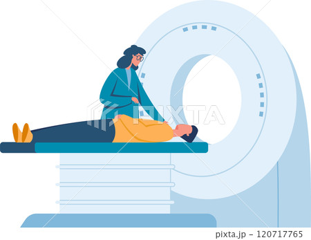 Doctor reassuring patient lying on a gurney, preparing to enter mri machine for a diagnostic scan, highlighting healthcare and medical technology 120717765
