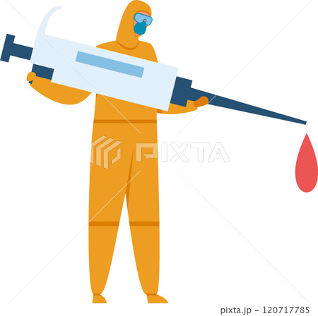 Doctor wearing a yellow hazmat suit and protective mask holding a giant syringe with a vaccine droplet, representing vaccination, healthcare, and pandemic response 120717785