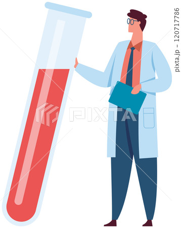 Scientist in lab coat holding a clipboard is presenting a giant test tube containing a red liquid, possibly blood, suggesting medical research or laboratory analysis 120717786