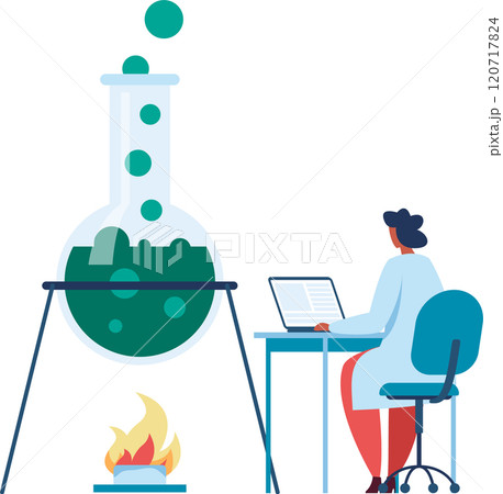 Chemical experiment boiling on fire with scientist analyzing results on laptop, representing scientific research, laboratory work, and chemical reactions Chemical experiment boiling on fire with scientist analyzing results on laptop, representing scientific research, laboratory work, and chemical reactions 120717824