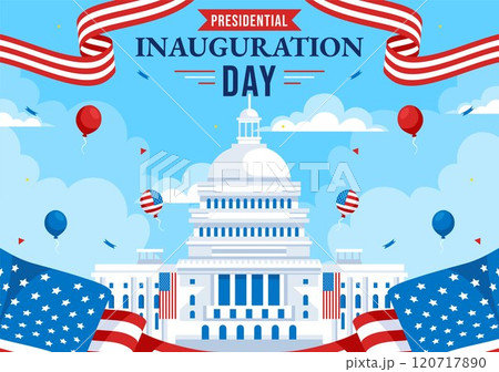 USA Presidential Inauguration Day Vector Illustration on January 20 Featuring the Capitol Building in Washington D.C. and the American Flag Design USA Presidential Inauguration Day Vector Illustration on January 20 Featuring the Capitol Building in Washington D.C. and the American Flag Design 120717890