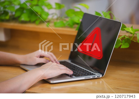 Notification error at computer laptop. Warning sign over data information. Maintenance connection application. Firewall hacker attack no security. problem of cyber safety. 120717943