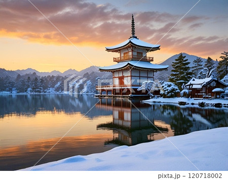 夕暮れ時の降雪した日本建築-3 120718002