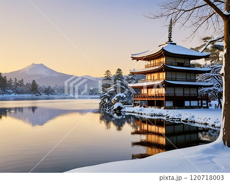 降雪した山と夕陽を浴びる日本建築 120718003