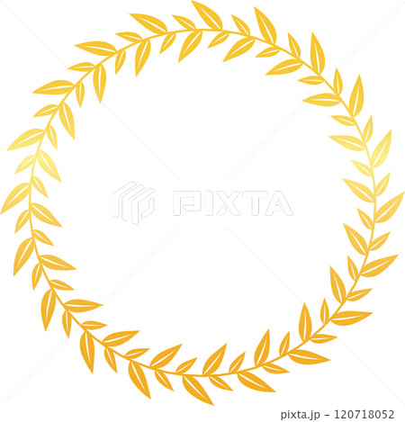 Golden laurel wreath forming a perfect circle, symbolizing victory, achievement, and honor on a clean white background, ideal for awards, logos, and celebratory designs 120718052