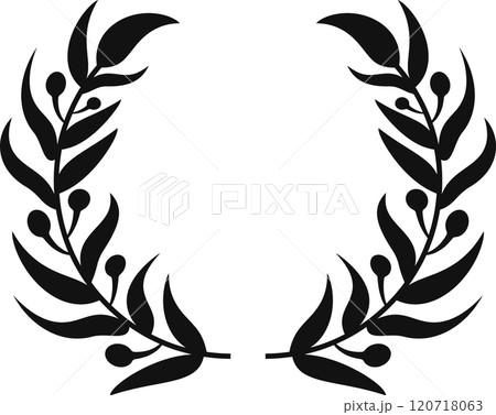 Symmetrical decorative element featuring two olive branches forming a circle, adorned with berries and leaves, creating a classic laurel wreath design 120718063