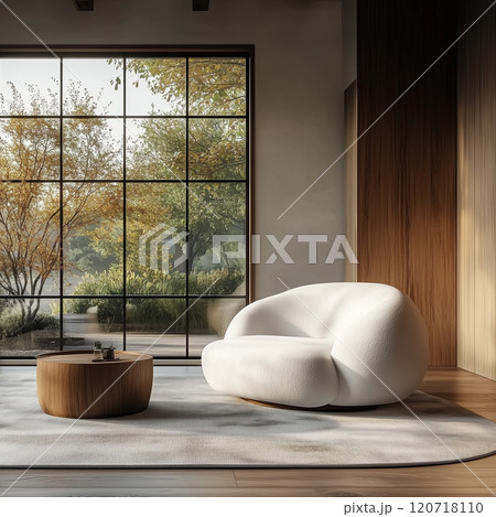 白いソファーと木製のテーブルがあるモダンでミニマリストな日本のリビングルーム 120718110