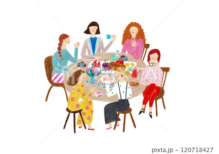 手描きイラスト テーブルを囲んで食事をする女性たち 手描きイラスト テーブルを囲んで食事をする女性たち 120718427
