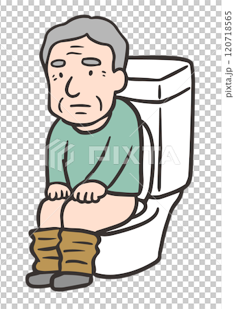 An elderly man sitting on the toilet and defecating 120718565