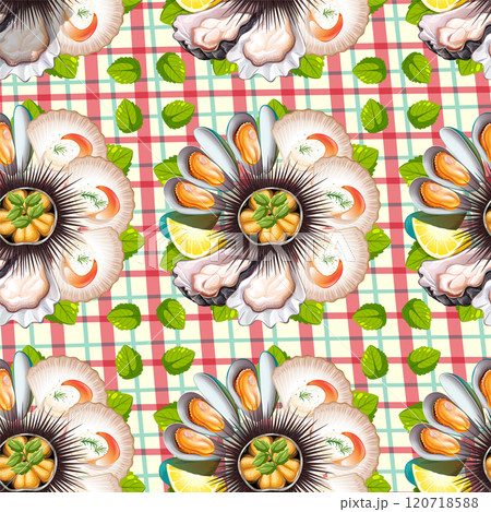 Seamless Seafood Pattern with Floral Elements Seamless Seafood Pattern with Floral Elements 120718588