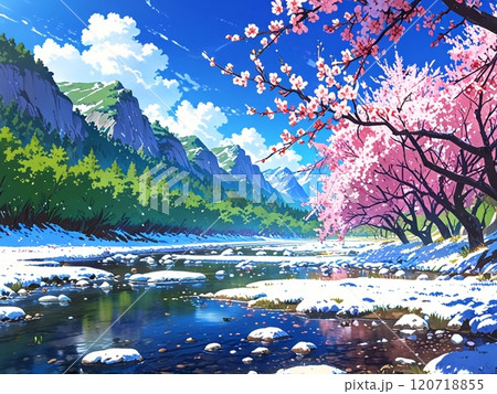 綺麗な雪解け水が流れる春の小川-4のイラスト素材 [120718855] - PIXTA