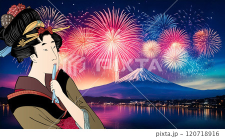 花火と歌舞伎役者 女性(背景:生成AI) 花火と歌舞伎役者 女性(背景:生成AI) 120718916