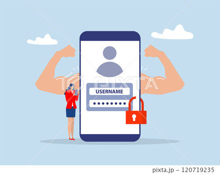 Businesswoman using mobile strong password protection.security, safety or protection strength, firewall technology,privacy or digital defense system Strong password concept 120719235