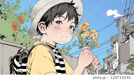 花摘みをしている幼い男の子