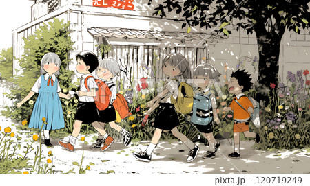 集団で登校中の幼い子供たち