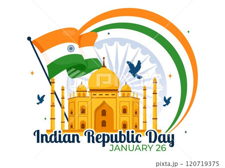 Happy India Republic Day Vector Illustration on 26 January Featuring the Indian Flag and India Gate in a National Holiday Celebration Flat Background 120719375