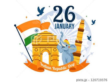 Happy India Republic Day Vector Illustration on 26 January Featuring the Indian Flag and India Gate in a National Holiday Celebration Flat Background Happy India Republic Day Vector Illustration on 26 January Featuring the Indian Flag and India Gate in a National Holiday Celebration Flat Background 120719376