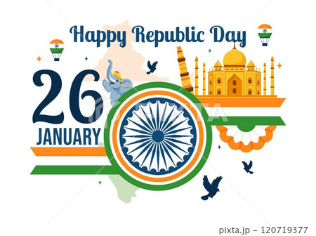 Happy India Republic Day Vector Illustration on 26 January Featuring the Indian Flag and India Gate in a National Holiday Celebration Flat Background 120719377