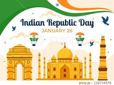 Happy India Republic Day Vector Illustration on 26 January Featuring the Indian Flag and India Gate in a National Holiday Celebration Flat Background 120719378