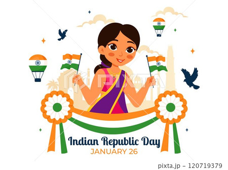 Happy India Republic Day Vector Illustration on 26 January Featuring the Indian Flag and India Gate in a National Holiday Celebration Flat Background 120719379