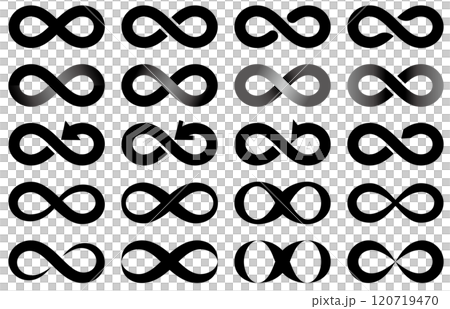 Vector illustration set of infinity in various shapes, infinity symbol, and Moebius strip 120719470