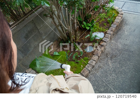 庭の花壇に水やりする主婦 120719540