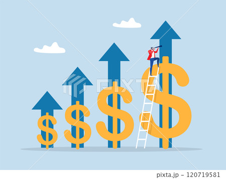 businessman use binoculars with growth dollar sign on growing chart.Increase revenue, income or wealth management growing investment asset concept vector 120719581