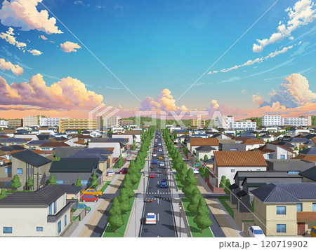 家　住宅　街　イラスト　CG　BG　街並み　背景 120719902