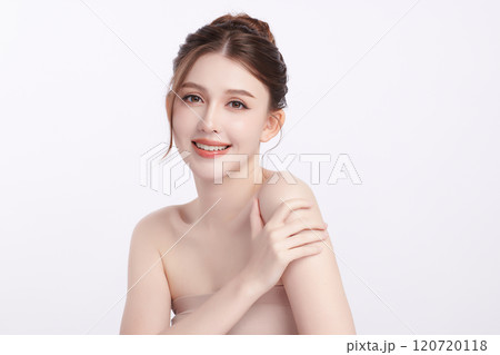 Beautiful young asian woman with clean fresh skin on white background, Face care, Facial treatment, Cosmetology, beauty and spa, Asian women portrait. 120720118