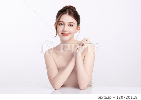Beautiful young asian woman with clean fresh skin on white background, Face care, Facial treatment, Cosmetology, beauty and spa, Asian women portrait. 120720119