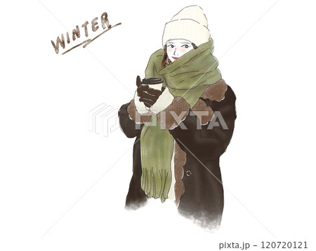 冬にコーヒーで暖まる厚着の女性 120720121
