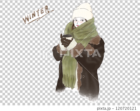 冬にコーヒーで暖まる厚着の女性 120720121