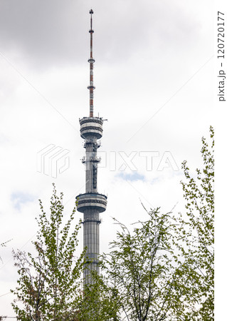 view of the tv tower through the tree branches. antenna-mast structure in the form of a tower 120720177