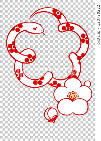 梅鉢文様の白いヘビで囲った梅の花の形に小振りな白梅と蕾　筆描き・2色塗り 120720222