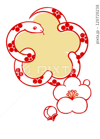 梅鉢文様の白いヘビで囲った色付きの梅の花の形に小振りな白梅と蕾 筆描き・2色塗り 梅鉢文様の白いヘビで囲った色付きの梅の花の形に小振りな白梅と蕾 筆描き・2色塗り 120720238