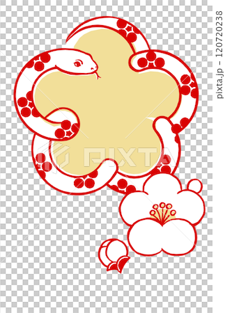 梅鉢文様の白いヘビで囲った色付きの梅の花の形に小振りな白梅と蕾 筆描き・2色塗り 梅鉢文様の白いヘビで囲った色付きの梅の花の形に小振りな白梅と蕾 筆描き・2色塗り 120720238