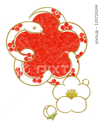 梅鉢文様の金色の輪郭線の白いヘビで囲った紅色の梅の花の形に小振りな白梅と蕾 版画風 梅鉢文様の金色の輪郭線の白いヘビで囲った紅色の梅の花の形に小振りな白梅と蕾 版画風 120720244